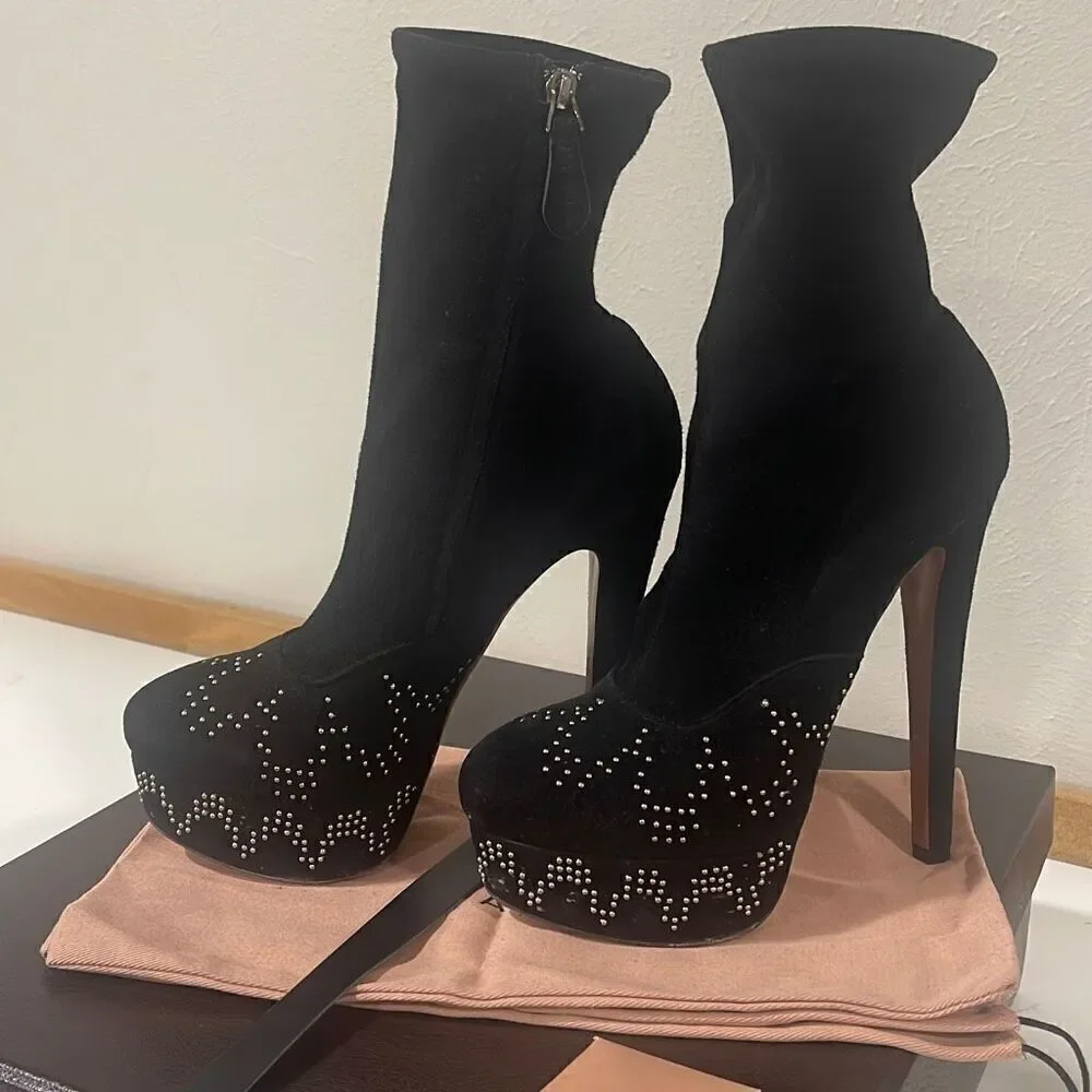 Alaia Black Platform Suede Boots Size 38.5